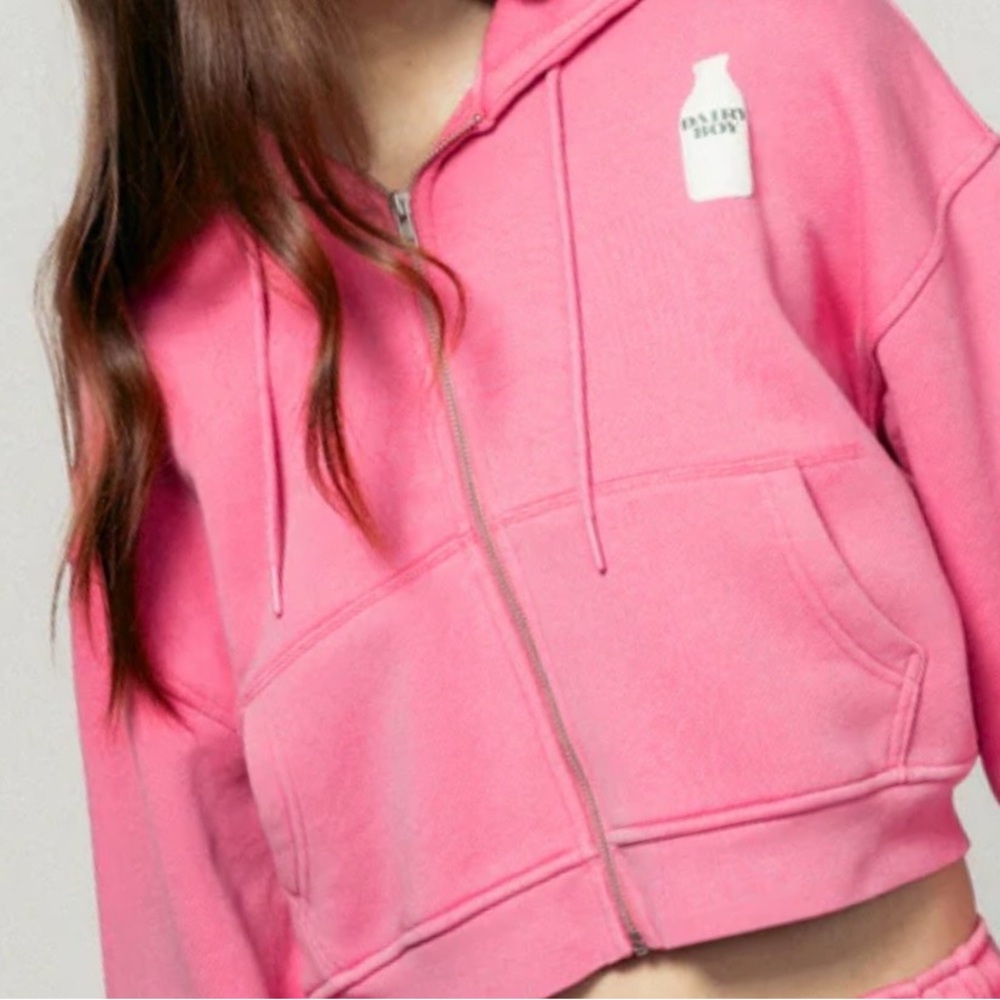 Dairy Boy | Pink Zip-Up Crop Top Hoodie